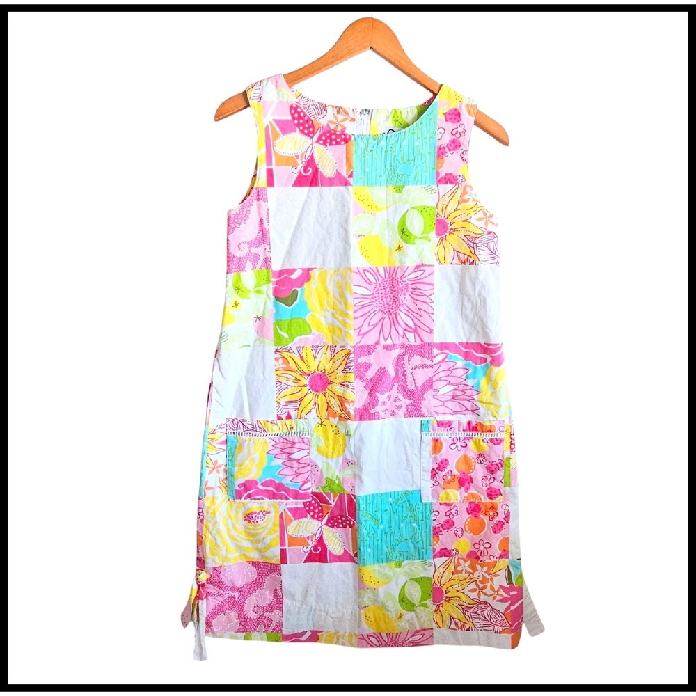 Lilly Pulitzer Patchwork Sleeveless Dress Colorful Print Pockets Casual‎ Size S